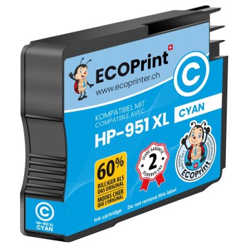 ECOPrinter HP 951C | Cartouche ECOPrinter équivalent à HP 951XL  | Famille HP 950 / HP 951 | Cyan (C) | 1'500 pages