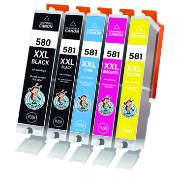 ECOPrinter Canon 580P1 | Pack de 5 cartouches ECOPrinter équivalent à Canon PGI-580 XXL / CLI-581 XXL | Famille Canon PGI-580 / CL-581 | 1 Noir et 4 Couleurs individuelles | 650/4'590/850 pages