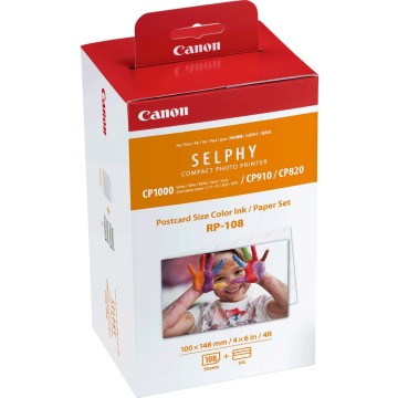 CANON RP-108 | Cassette d'encre couleur/papier 10x14.8cm Canon RP-108 | Selphy CP 820/910/1000 | Format Carte Postale | 108 feuilles