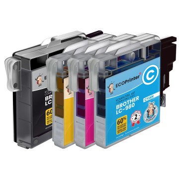 ECOPrinter Brother 980P1 | Pack de 4 cartouches ECOPrinter Brother LC-980  | Famille Brother LC-980 LC-1100 | 1 noir et 3 Couleurs individuelles | 700/475 pages