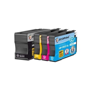 ECOPrinter HP 953P1 | Pack de 4 cartouches ECOPrinter équivalent à HP 953 XL | Famille HP 953 | 1 Noir et 3 Couleurs individuelles | 2'200/1'800 pages