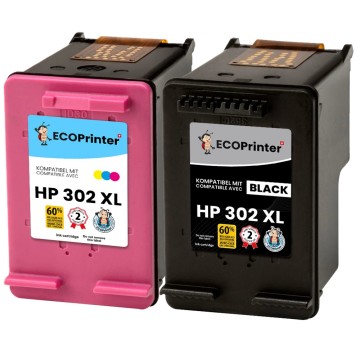 ECOPrinter HP 302P1 | Pack de 2 cartouches ECOPrinter équivalent à HP 302 XL | Famille HP 302 | Noir et 3 Couleurs | 600/400 pages