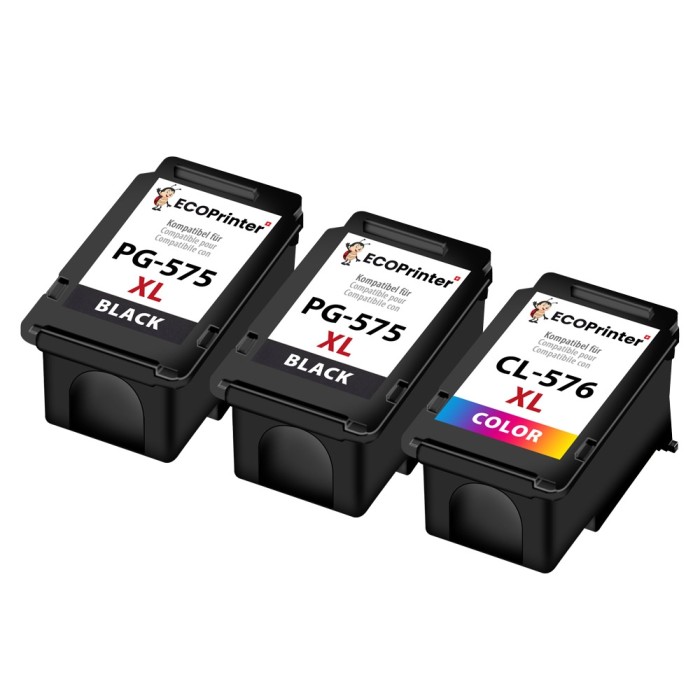 ECOPrinter Canon 575P2 | Pack de 3 cartouches ECOPrinter équivalent à Canon 2xPG-575XL / CL-576XL  | Famille Canon PG-575 / CLI-576 | Noir / 3 Couleurs | 450/400 pages