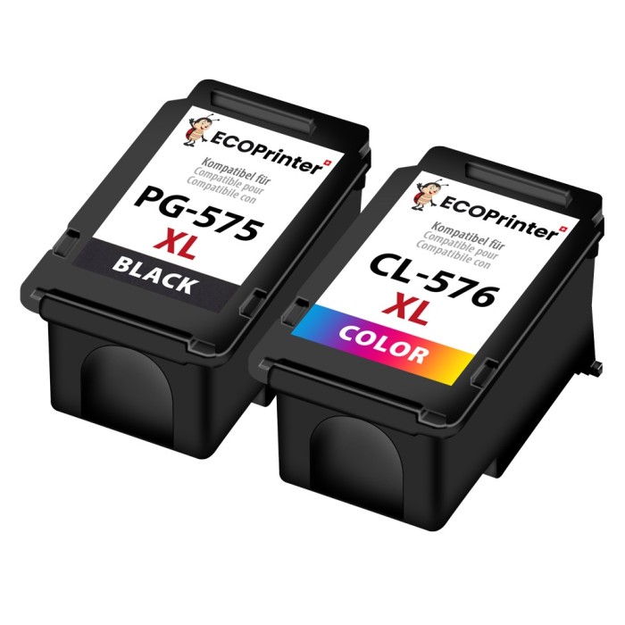 ECOPrinter Canon 575P1 | Pack de 2 cartouches ECOPrinter équivalent à Canon PG-575XL / CL-576XL  | Famille Canon PG-575 / CLI-576 | Noir / 3 Couleurs | 450/400 pages