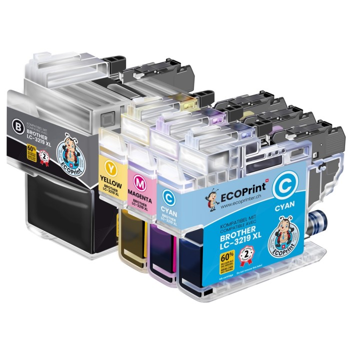 ECOPrinter Brother 3219P1 | Pack de 4 cartouches ECOPrinter Brother LC-3217 / LC-3219  | Famille Brother LC-3217-3219 | 1 noir et 3 Couleurs individuelles | 3'000/1'500 pages