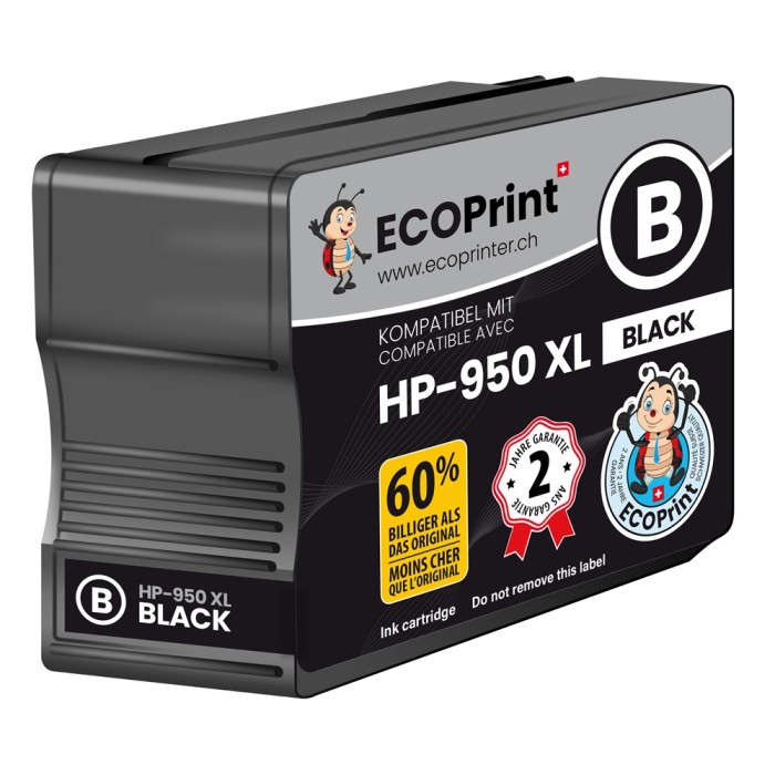 ECOPrinter HP 950BK | Cartouche ECOPrinter équivalent à HP 950XL  | Famille HP 950 / HP 951 | Noir (BK) | 2'500 pages