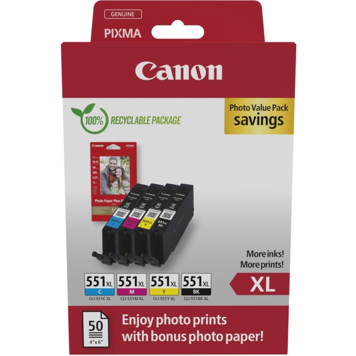 CANON CLI-551BKCMY | Photo value pack XL Canon CLI-551BKCMY | Famille Canon PGI-550 / CL-551 | Grande Capacité