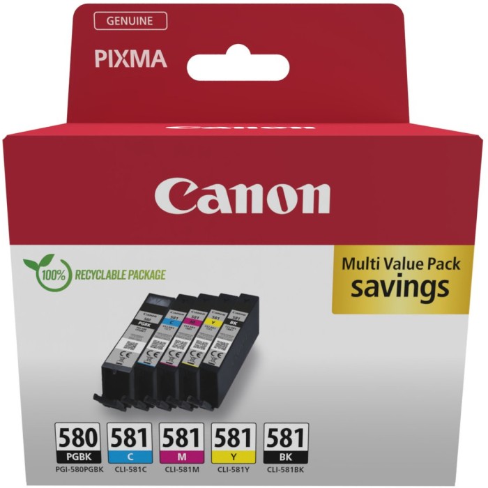 CANON PGI-580/581 | Pack cartouches d'encre Canon PGI-580/581 | Pixma TR7550 | PGBKCMYBK | 1x11.2ml/4x5.6ml