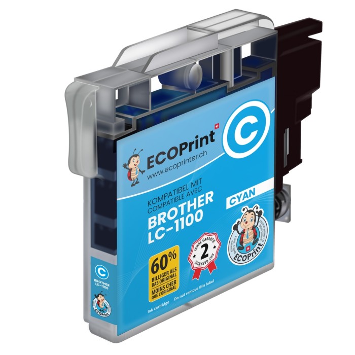 ECOPrinter Brother 1100C | Cartouche ECOPrinter équivalent à Brother LC-1100  | Famille Brother LC-980 LC-1100 | Cyan (C) | 475 pages