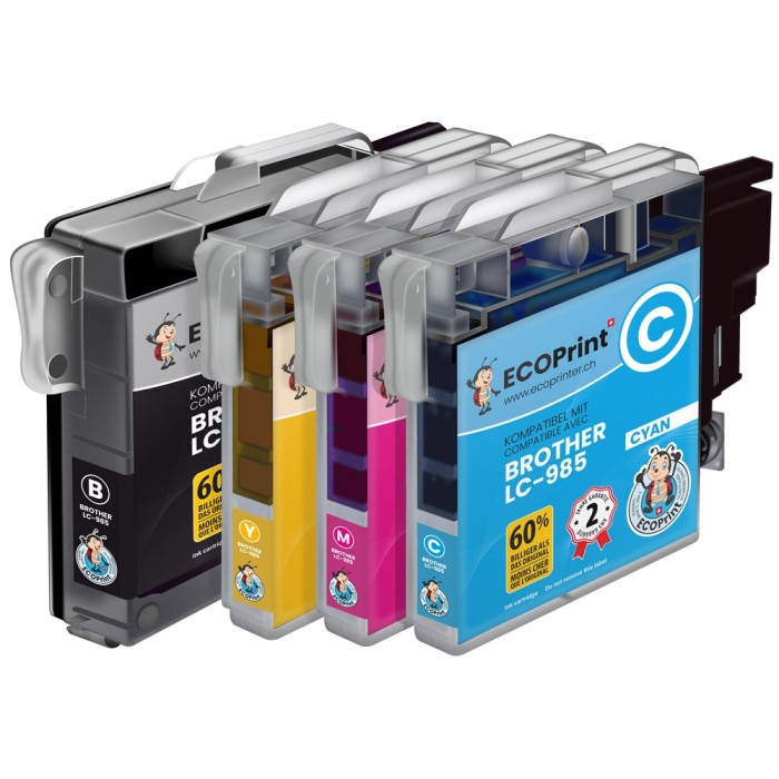 ECOPrinter Brother 985P1 | Pack de 4 cartouches ECOPrinter Brother LC-985  | Famille Brother LC-985 | 1 noir et 3 Couleurs individuelles | 700/475 pages
