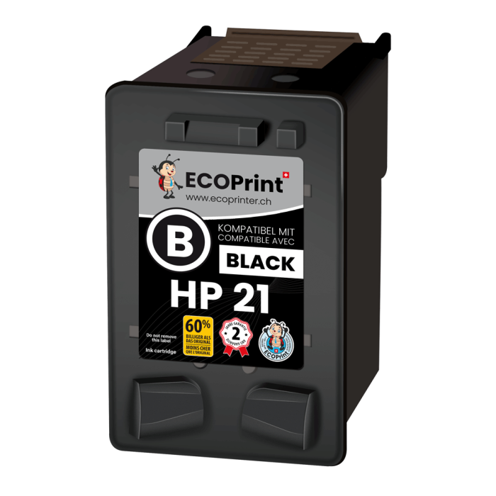 ECOPrinter HP 21BK | Cartouche ECOPrinter équivalent à HP 21 XL | Famille HP 21 / HP 22 | Noir (BK) | 475 pages