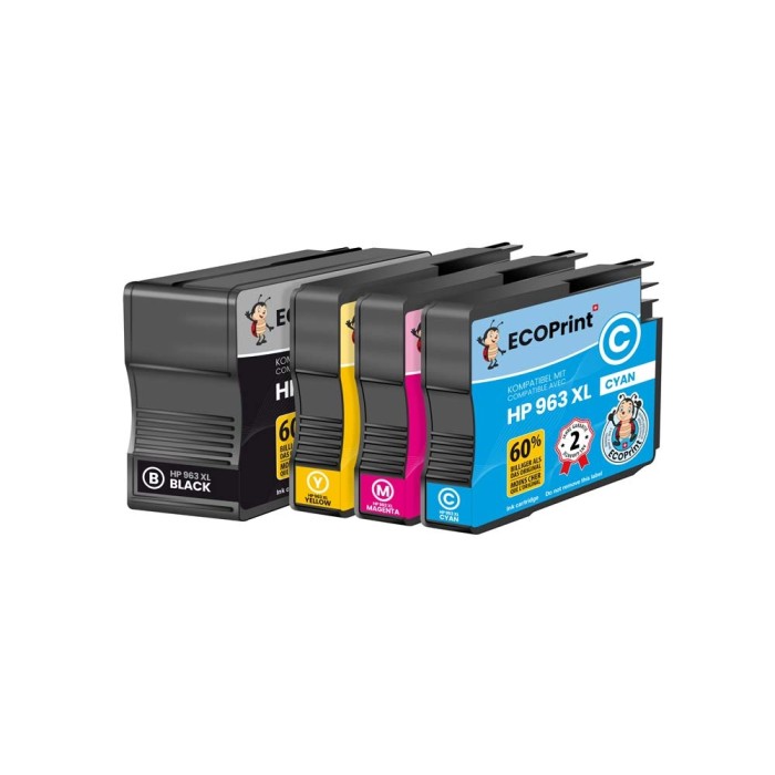 ECOPrinter HP 963P1 | Pack de 4 cartouches ECOPrinter équivalent à HP 963 XL | Famille HP 963 | 1 Noir et 3 Couleurs individuelles | 2'000/1'600 pages