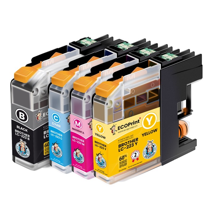 ECOPrinter Brother 223P1 | Pack de 4 cartouches ECOPrinter équivalent à Brother LC-223 | Famille Brother LC-223 | 1 Noir et 3 Couleurs individuelles | 700/700 pages