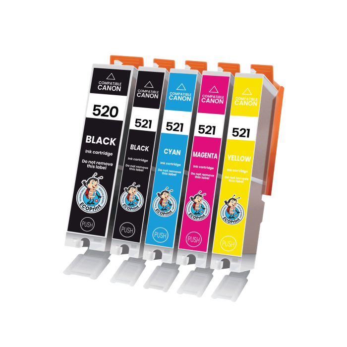 ECOPrinter Canon 520P1 | Pack de 5 cartouches ECOPrinter équivalent à Canon PGI-520 / CLI-521  | Famille Canon PGI-520 / CLI-521 | 1 Noir et 4 Couleurs individuelles | 324/3'425/450 pages