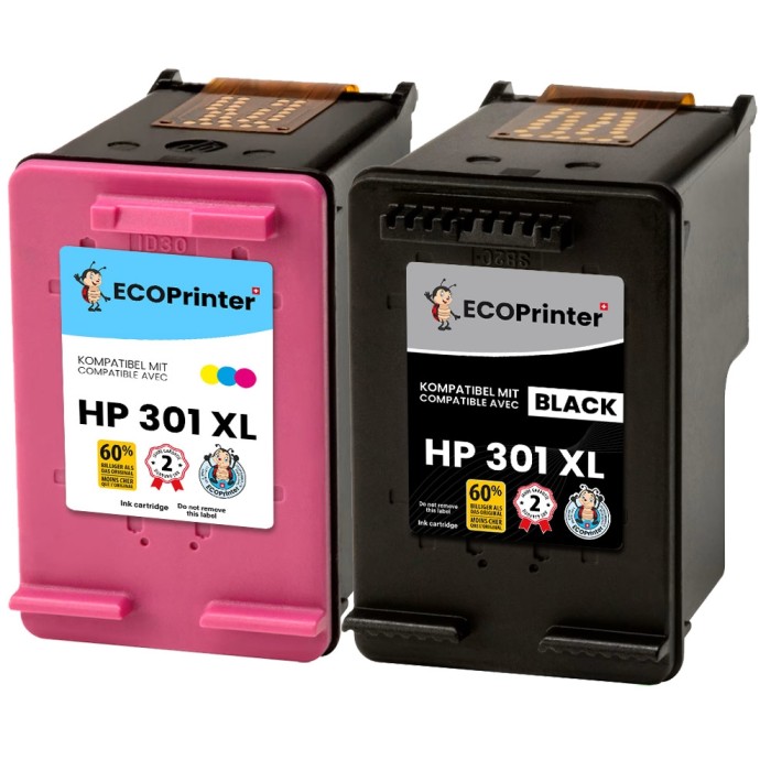 ECOPrinter HP 301P1 | Pack de 2 cartouches ECOPrinter équivalent à HP 301XL | Famille HP 301 | Noir et 3 Couleurs | 520/430 pages