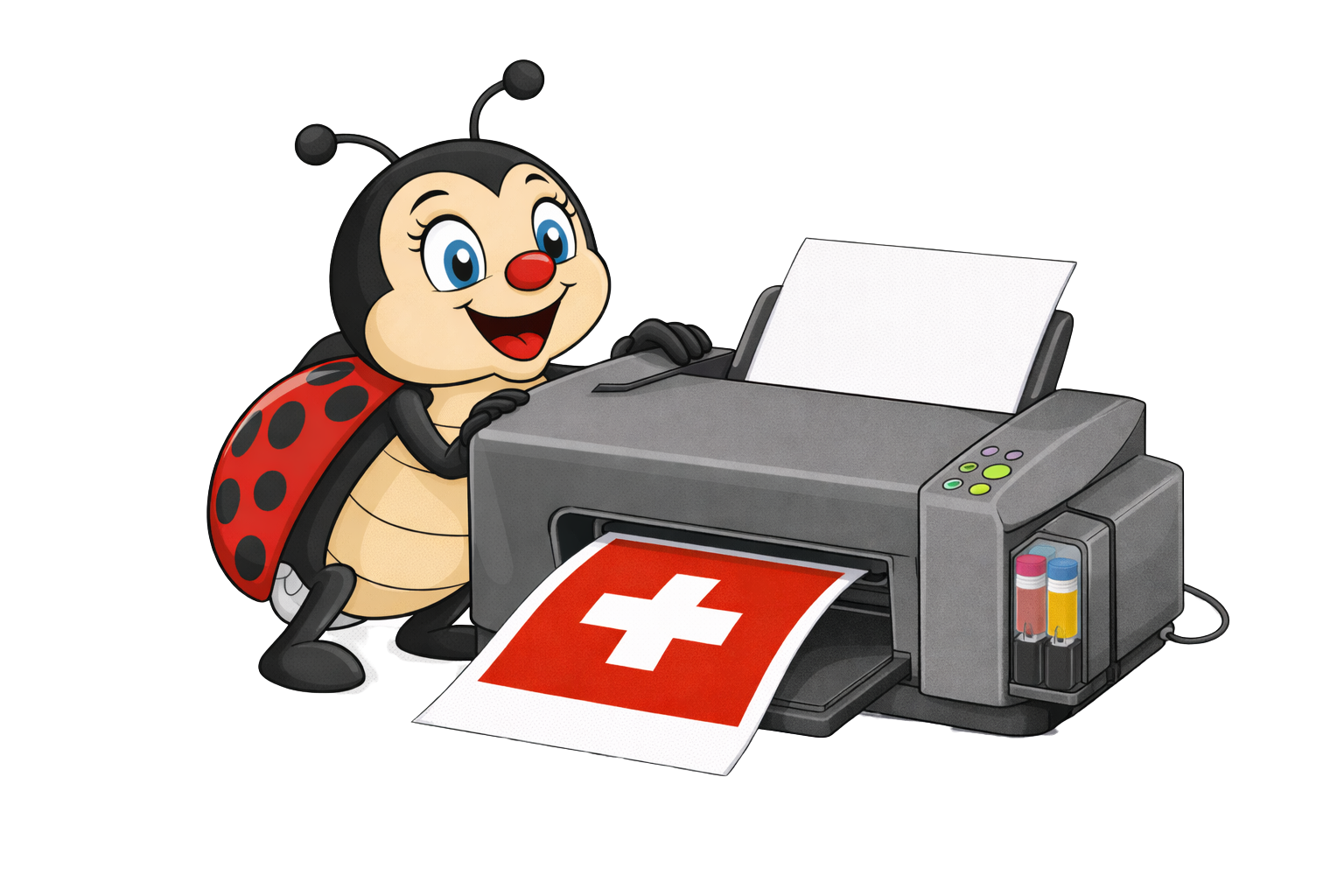 Inky, la mascotte Cartouches Discount, avec le drapeau suisse